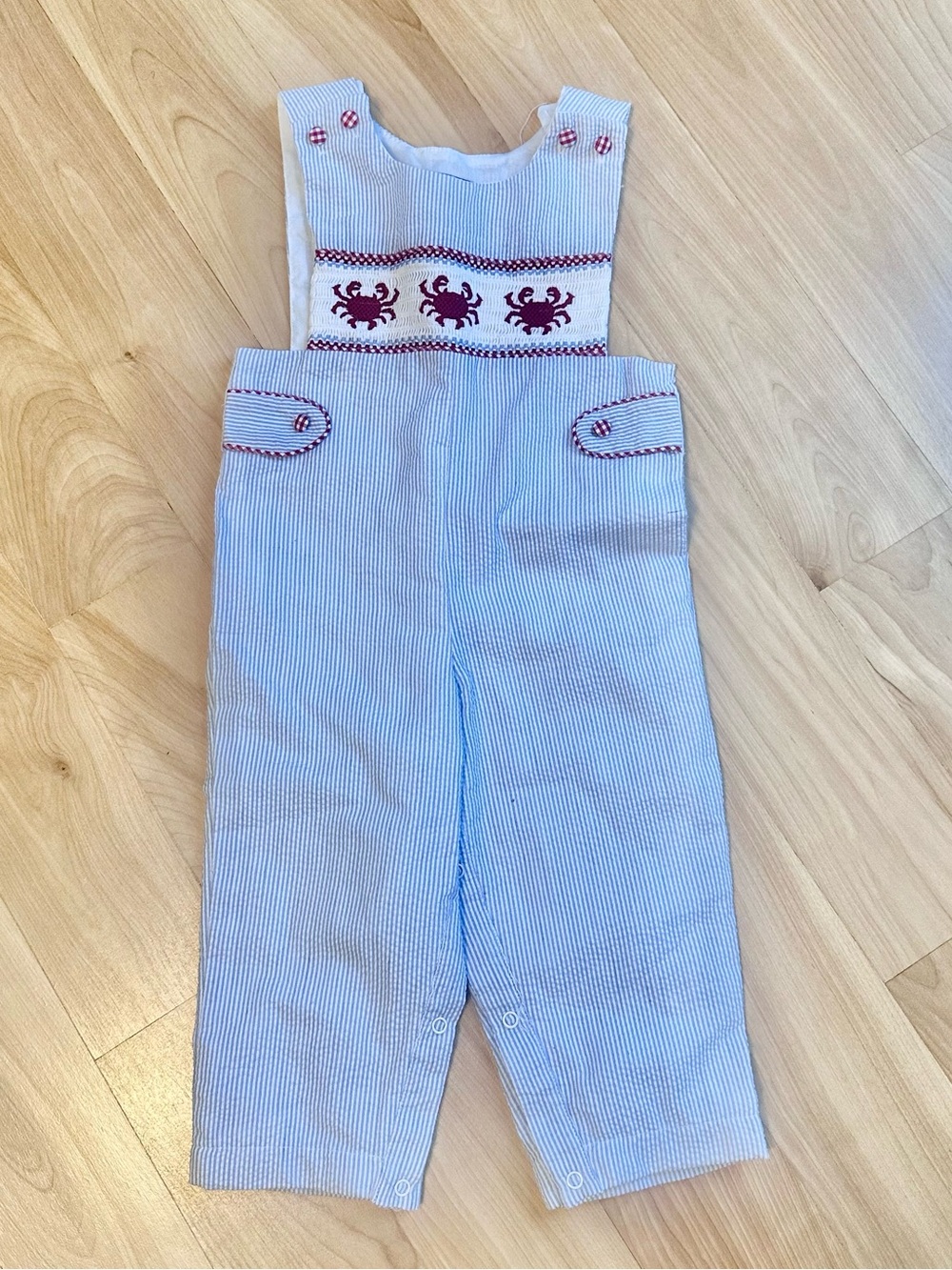 Lil cactus Blue Seersucker crab nautical Embroidered coverall romper 18-24 month